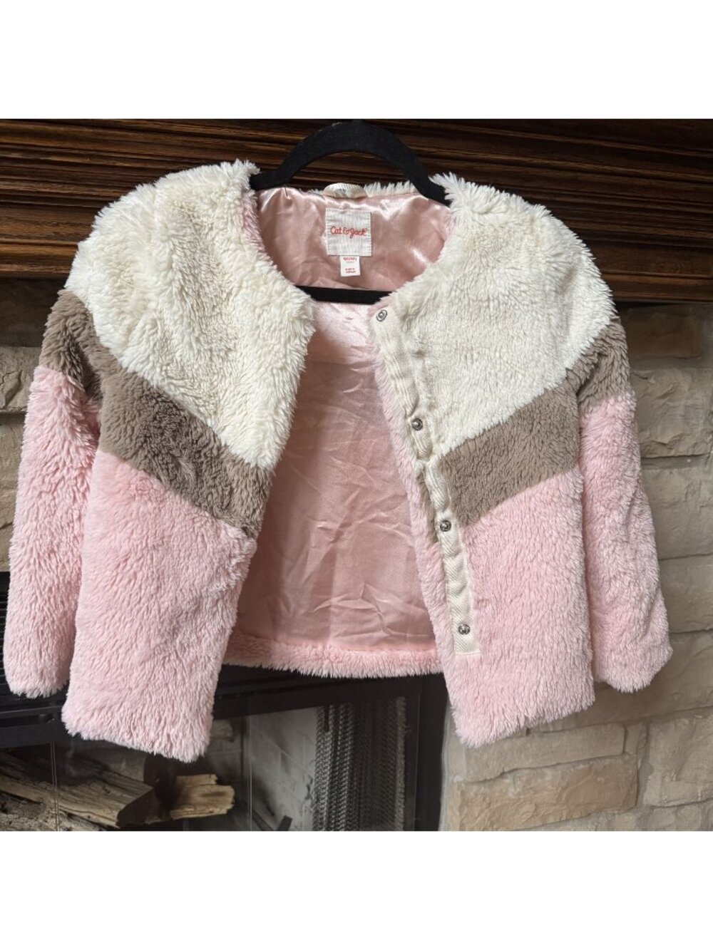 Faux Fur Girls Jacket Pink White Brown Size 6 Satin Snap Cozy Winter Outerwear